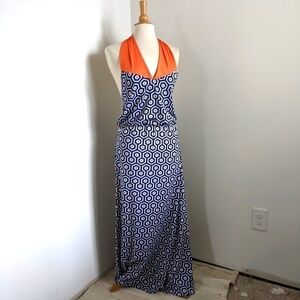 Nwt Mudd Convertible Halter Mod Maxi Dress Navy and Orange S